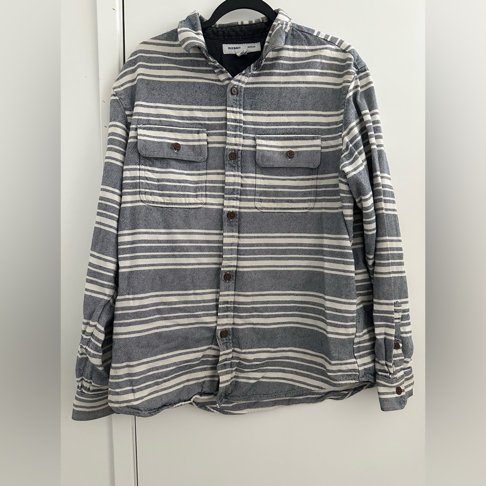 Old Navy Shirt Sz L Mens Thick Flannel Long Sleeve Button Up Stripe Regular Fit